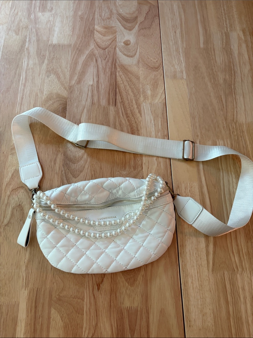 White Quilted Pearl-Trim Crossbody Belt Bag